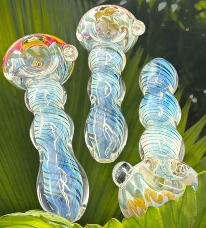 Yellow and Blue Fumed Glass Pipe Handmade Unique Golden Heady Iridescent Spoon Pipe Hand Blown Tobacco Pipe Art -4234